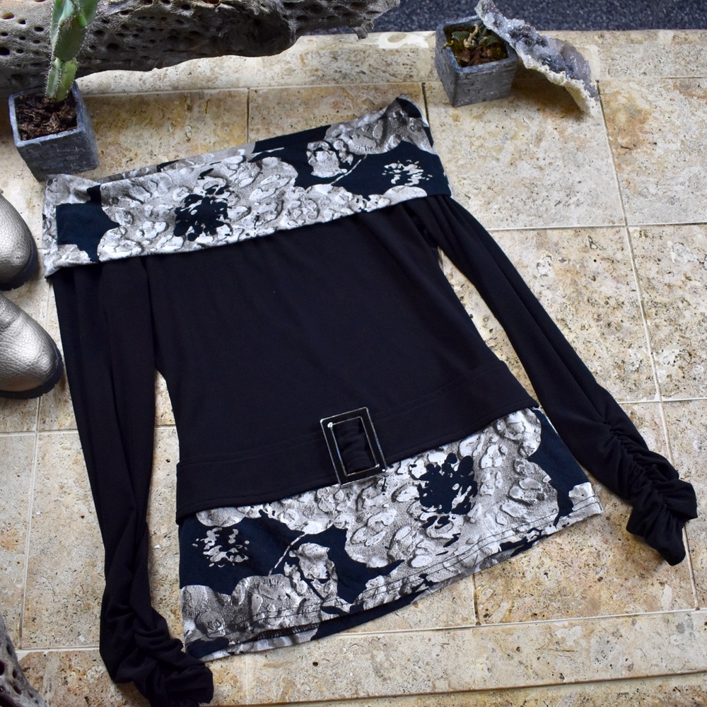 Joseph Ribkoff Black and Gray Floral Blouse